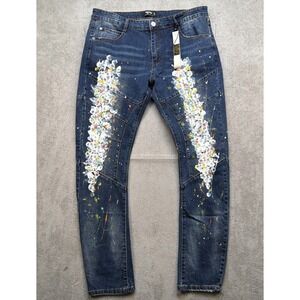 Men's Paint Splatter Jeans Straight Leg Artistic Streetwear Denim Size 38